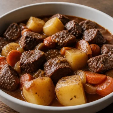 Bowl of classic beef stew with vegetables and herbs, served hot