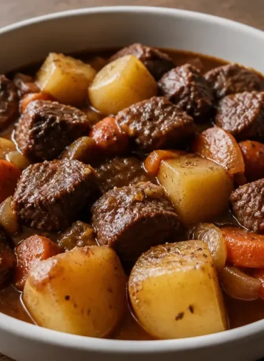 Bowl of classic beef stew with vegetables and herbs, served hot