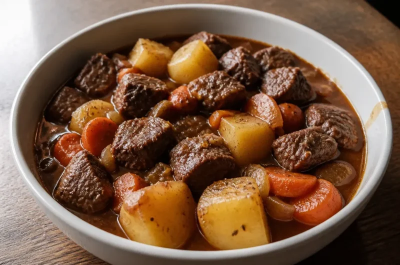 Bowl of classic beef stew with vegetables and herbs, served hot
