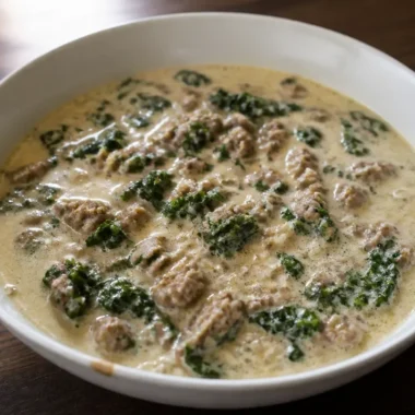 Cozy creamy Parmesan Italian sausage soup served in a bowl