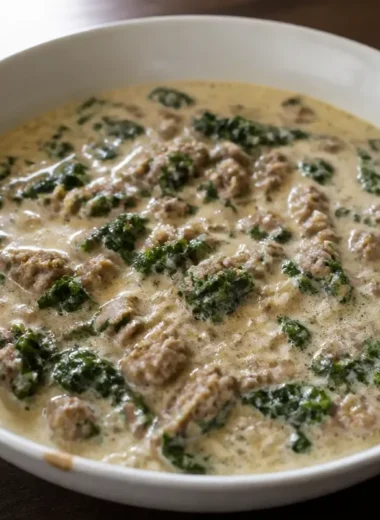 Cozy creamy Parmesan Italian sausage soup served in a bowl