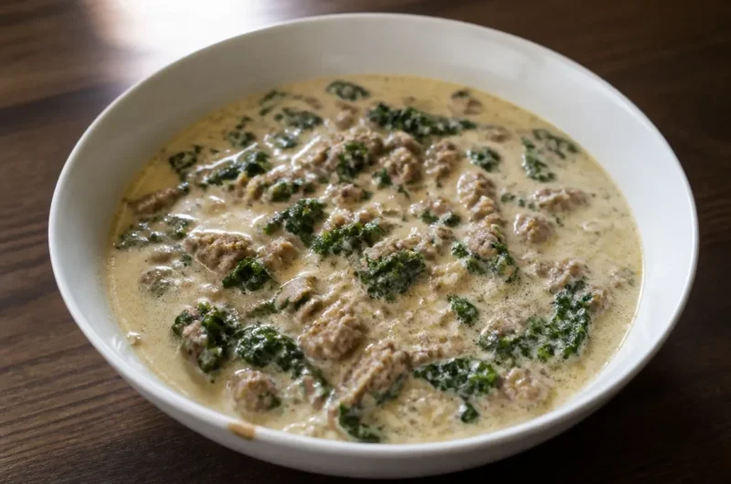 Cozy creamy Parmesan Italian sausage soup served in a bowl