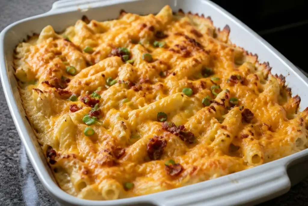 Creamy Crack Chicken Casserole topped with herbs and served in a dish.