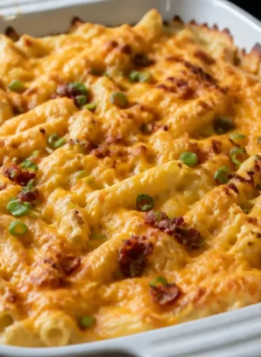 Creamy Crack Chicken Casserole topped with herbs and served in a dish.