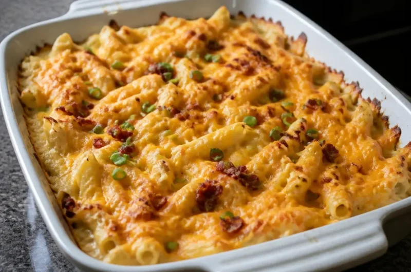 Creamy Crack Chicken Casserole topped with herbs and served in a dish.