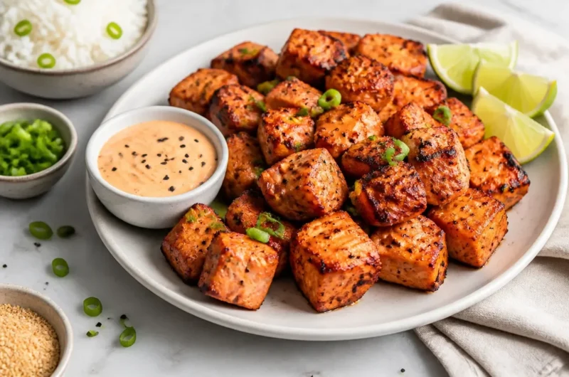 Creamy air fryer salmon bites with Bang Bang sauce on a plate