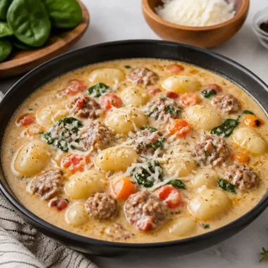 Bowl of creamy Italian sausage gnocchi soup topped with parsley and spices