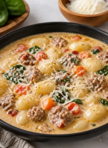Bowl of creamy Italian sausage gnocchi soup topped with parsley and spices