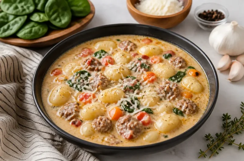 Bowl of creamy Italian sausage gnocchi soup topped with parsley and spices