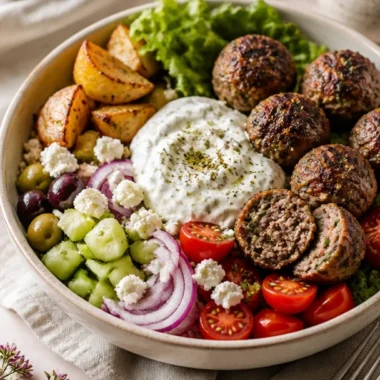 Delicious Greek Meatball Bowl drizzled with lemon-yogurt sauce, garnished with herbs.
