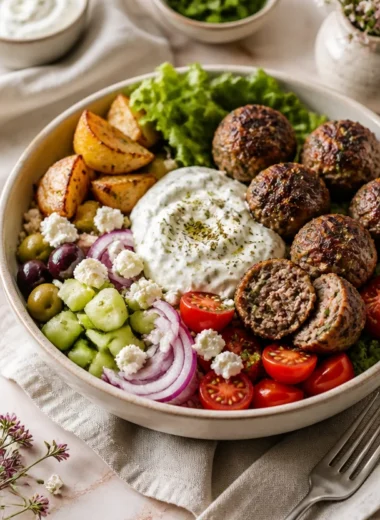 Delicious Greek Meatball Bowl drizzled with lemon-yogurt sauce, garnished with herbs.