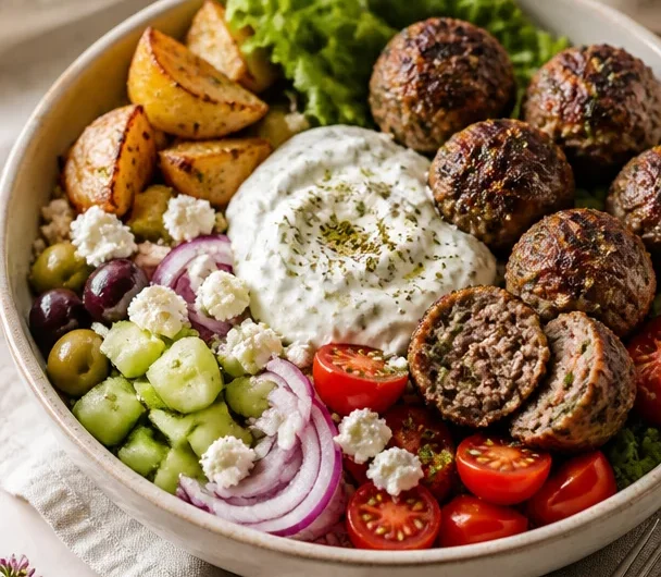 Delicious Greek Meatball Bowl drizzled with lemon-yogurt sauce, garnished with herbs.