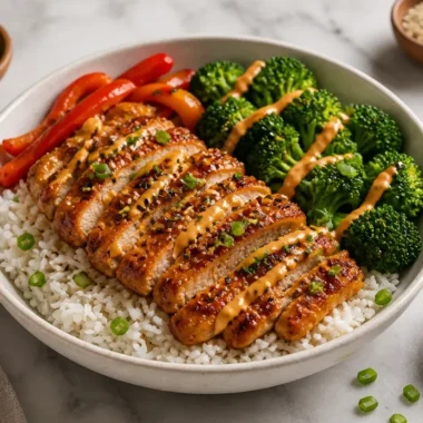 Healthy sticky chicken bowls topped with fresh vegetables and grains