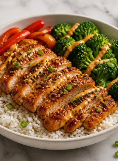 Healthy sticky chicken bowls topped with fresh vegetables and grains