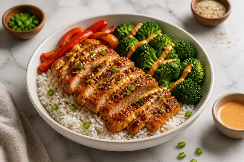 Healthy sticky chicken bowls topped with fresh vegetables and grains