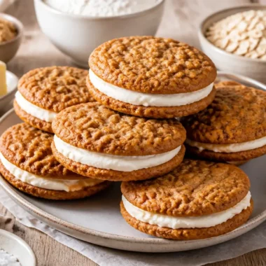 Delicious homemade oatmeal cream pies with creamy filling between soft cookies