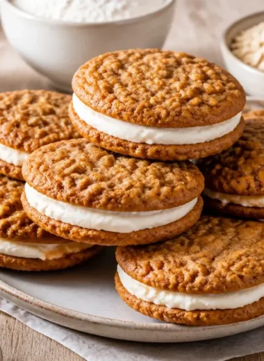 Delicious homemade oatmeal cream pies with creamy filling between soft cookies