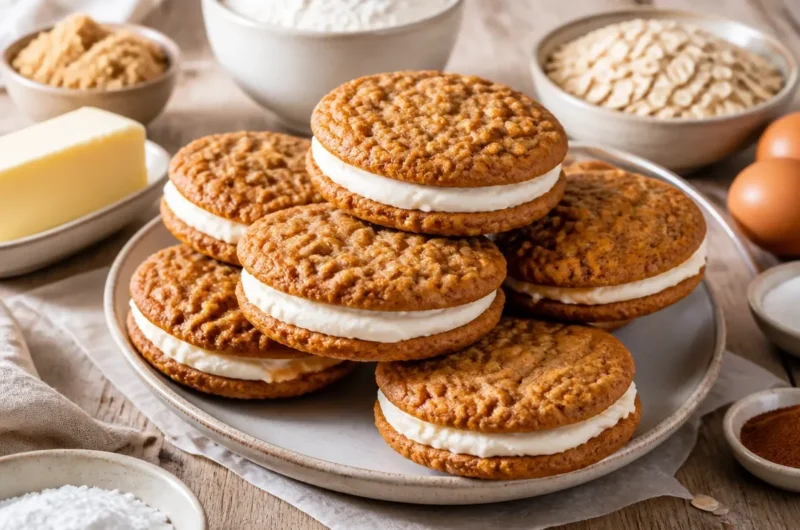 Delicious homemade oatmeal cream pies with creamy filling between soft cookies