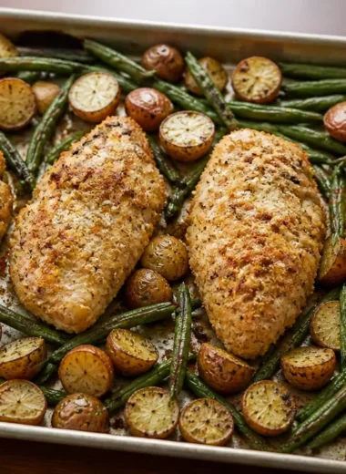 Parmesan Crusted Chicken served with colorful vegetables on a sheet pan dinner.