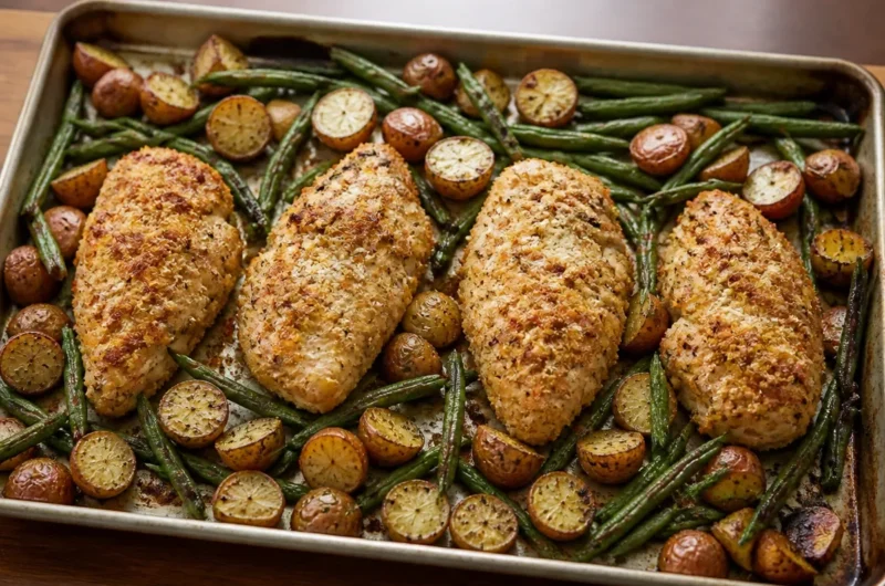 Parmesan Crusted Chicken served with colorful vegetables on a sheet pan dinner.