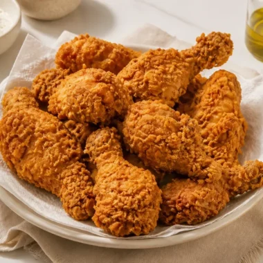 Delicious plate of the best homemade fried chicken with crispy golden crust.