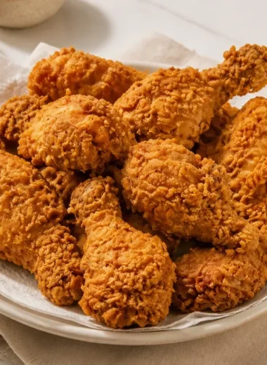 Delicious plate of the best homemade fried chicken with crispy golden crust.
