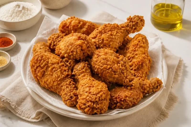 Delicious plate of the best homemade fried chicken with crispy golden crust.