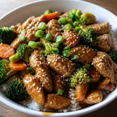 Delicious teriyaki chicken rice bowl with vibrant vegetables and savory sauce