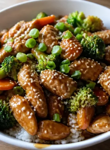 Delicious teriyaki chicken rice bowl with vibrant vegetables and savory sauce