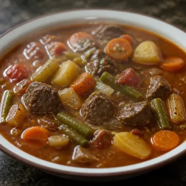 Delicious vegetable beef soup filled with fresh vegetables and tender beef chunks.
