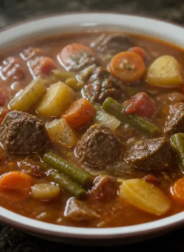Delicious vegetable beef soup filled with fresh vegetables and tender beef chunks.