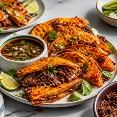 Delicious Birria Tacos served with consome for dipping