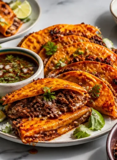 Delicious Birria Tacos served with consome for dipping