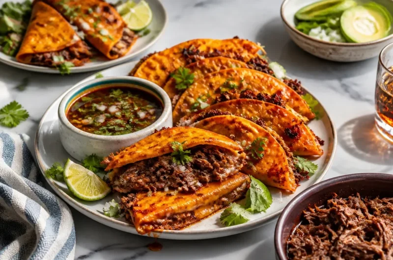 Delicious Birria Tacos served with consome for dipping