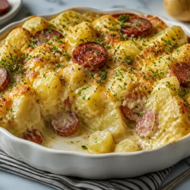 Creamy kielbasa sausage cheesy potato casserole dish with toppings