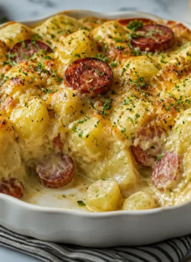 Creamy kielbasa sausage cheesy potato casserole dish with toppings