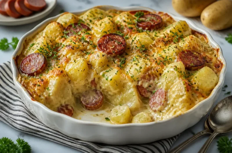 Creamy kielbasa sausage cheesy potato casserole dish with toppings