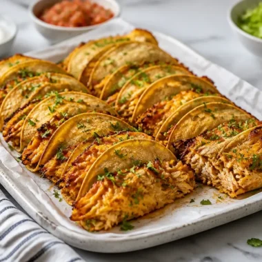 Mini baked chicken tacos served on a platter with toppings.