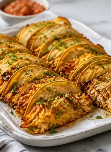 Mini baked chicken tacos served on a platter with toppings.