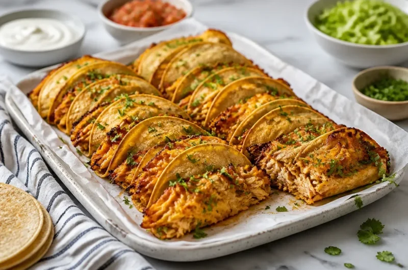 Mini baked chicken tacos served on a platter with toppings.