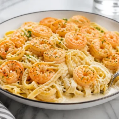 Plate of creamy Shrimp Alfredo with succulent shrimp and pasta