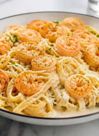 Plate of creamy Shrimp Alfredo with succulent shrimp and pasta