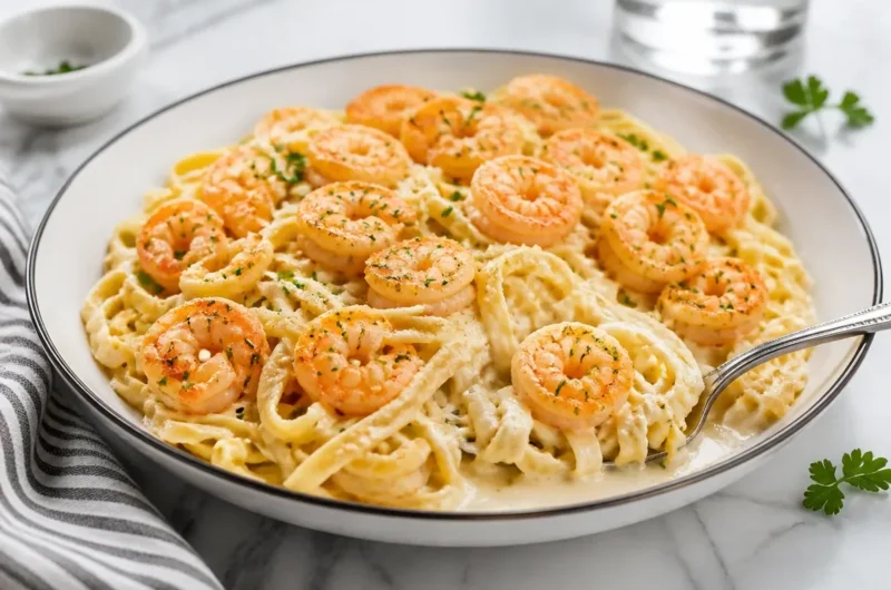 Plate of creamy Shrimp Alfredo with succulent shrimp and pasta