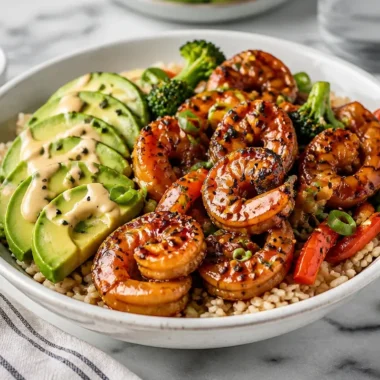 Plate of teriyaki shrimp rice bowl with vegetables and sauce