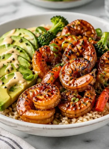 Plate of teriyaki shrimp rice bowl with vegetables and sauce