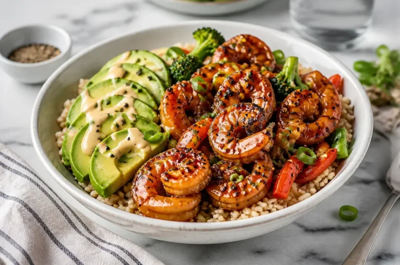 Plate of teriyaki shrimp rice bowl with vegetables and sauce