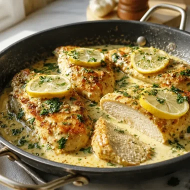 Creamy Lemon Garlic Parmesan Chicken Skillet Dinner in a frying pan