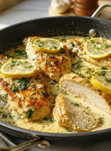 Creamy Lemon Garlic Parmesan Chicken Skillet Dinner in a frying pan