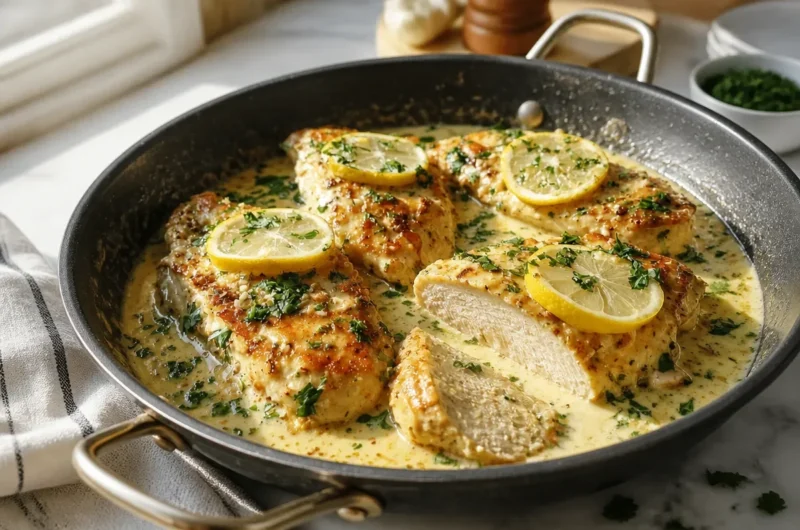 Creamy Lemon Garlic Parmesan Chicken Skillet Dinner in a frying pan