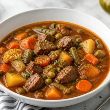 Delicious beef and vegetable stew in a bowl
